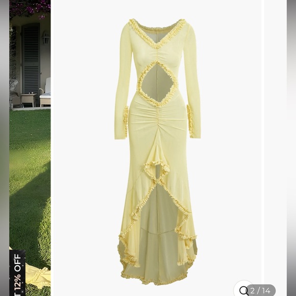 NWT Yellow Ruffle Trim Ruched Cut Out Maxi Dress - Picture 2 of 10